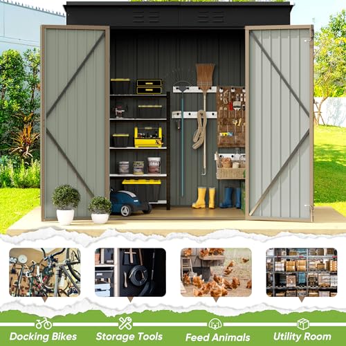 Greesum Outdoor Storage Shed All Weather 6FTx4FT Metal Garden Shed with Lockable Double Doors for Garden Tools, Toys and Sundries,Brown