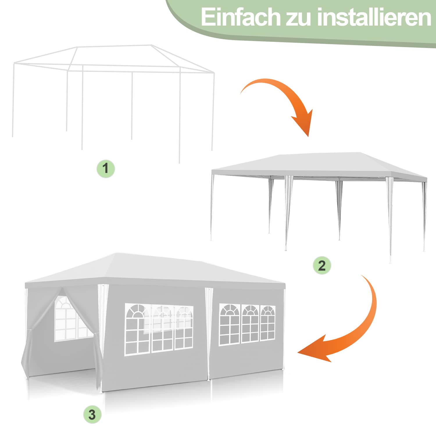Gazebo da 3 x 6 m, tenda per feste impermeabile, tenda da giardino, 100 g/m², birreria, alta qualità, in PE, resistente ai raggi UV, con 6 pannelli laterali, bianco