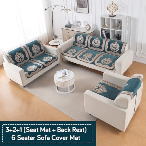 Image of HOKIPO Shahi Teal Premium Chenille Jacquard Sofa Cover 6 Seater Set - Washable 3+2+1 Sofa Panel for Seat & Back | 'Royal Aangan Series' (IN-1008 * 2 + IN-1007 * 2 + IN-1006 * 2-L2)