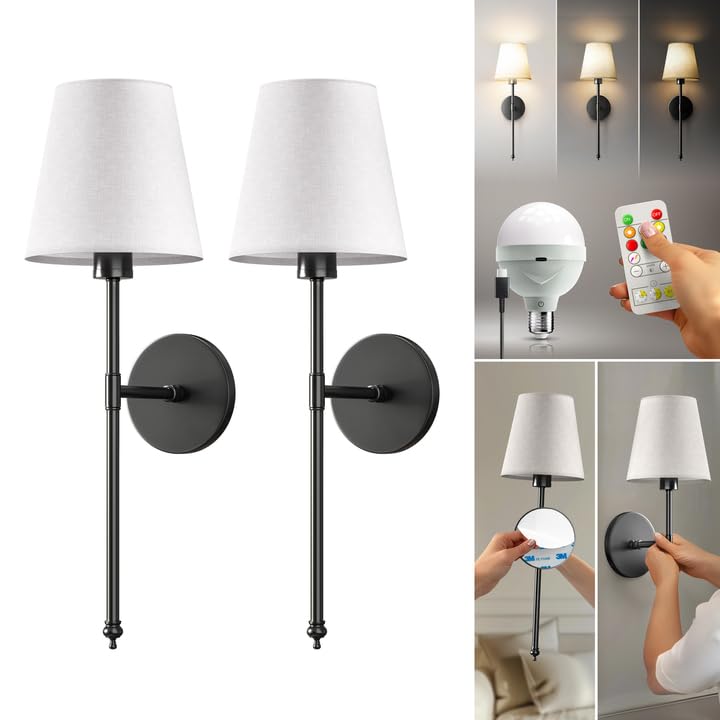 Pridola Set of 2 Wireless Wall Sconces, Peel & Stick with Adhesives, Remote Controlled, Adjustable Brightness & Warmth, Living Room Decor (Black)