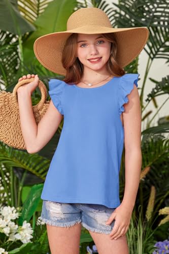 Image of BesserBay Girls Criss Cross Back Flutter Sleeve Crew Neck Tank Tops Back Elastic Lightweight Solid Blouse 5-14 Years