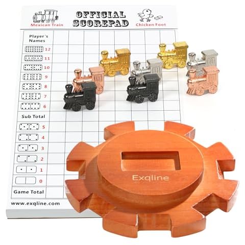 Exqline Mexican Train Dominoes Accessories - with 6.5" Mexican Train Hub Centerpiece, 8 Metal Mexican Train Markers and 70-Sheets Mexican Train Score Pads Great Mexican Train Dominoes Set. Cover