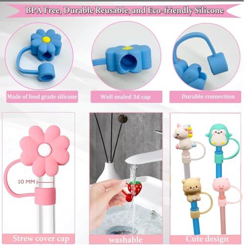 Image of Straw Cover,4pcs Cute Silicone Straw Covers Cap with StrawsReusable Tips Lids (8mm Diameter, with 4pcs Straw)