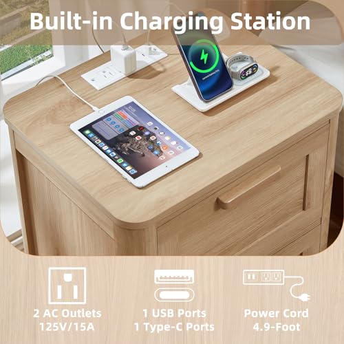 Image of Joaxswe Farmhouse Night Stand Set of 2 with Charging Station, Natural | Bedside Tables Set of 2 for Bedroom with 2 Deep Drawers & 4 Noise-Reducing Feet & Rounded Corners
