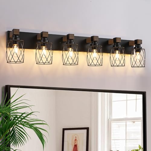 Image of Farmhouse 6-Light Wood Bathroom Vanity Light, Black Metal Cage Shade | Mounted Over Mirror, Industrial Rustic Style, Ideal for Bathroom, Bedroom, Hallway & Living Room, Easy To Install