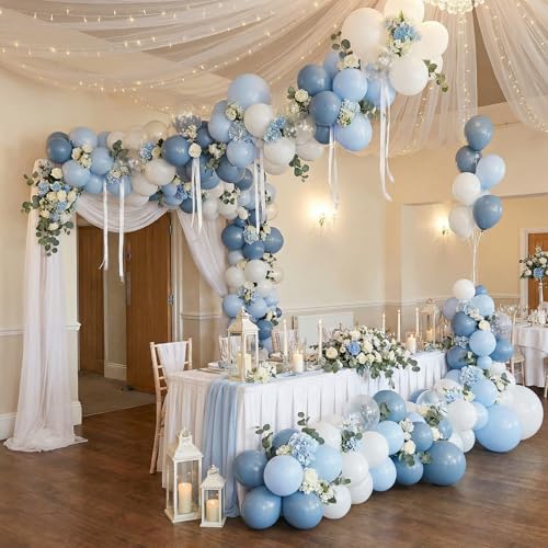 Image of RUBFAC Dusty Blue and White Balloons, Party Balloons for Birthday Baby Blue Clear Balloon 12 Inch, Wedding Baby Shower Gender Reveal Decorations, 65pcs