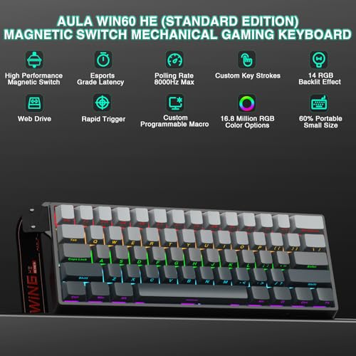 Image of Aula WIN60 HE - 60% Mechanical Gaming Keyboard Wired, Hall Effect Magnetic Switch Hot Swappable,8000 Hz Polling Rate, RGB Keyboard 60 Percent Compact Design for PC (Gradient Gray)