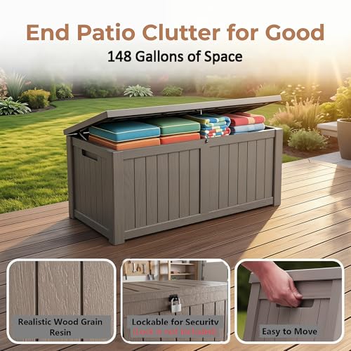 Image of 148 Gallon Resin Deck Box - Outdoor Storage Chest for Patio Furniture Cushions, Garden Tools, Pool Accessories & Backyard Organization Lockable Waterproof All-Weather Wood Grain Design, Easy Assembly
