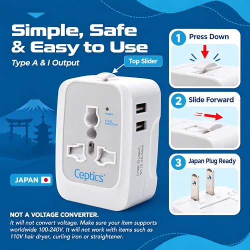Ceptics Universal Japan Travel Adapter, 3 in 1 PINE-WHITE - Image 4