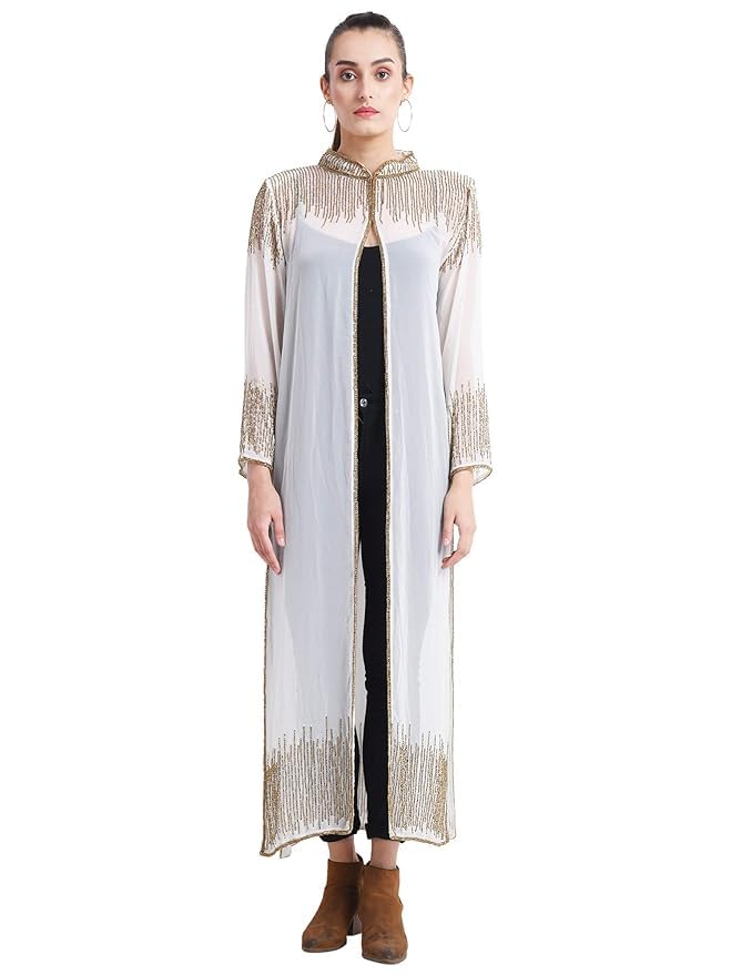 Image of Matelco Women Georgette Floor Length Hand Embroidered Embellished Longline Front Open Shrug Dress