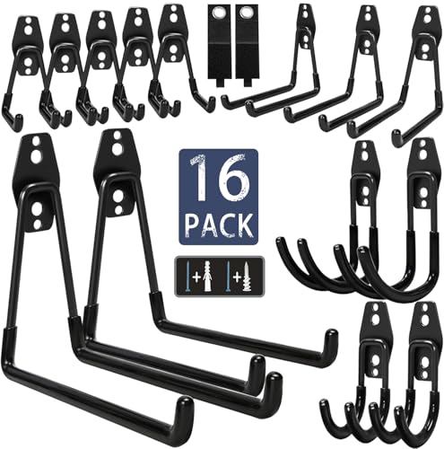 KOFANI Steel Garage Storage Hooks - 16 Pack Anti-Slip Coating, Heavy Duty Wall Mount Hooks for Hanging Bike, Ladder, Garden Tools