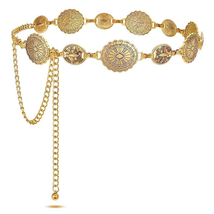 Metal Waist Chain with Antique Oval Ethnic Design Hip Belt Saree Waist Belt Adjustable Boho Western Fashion Saree Belt Chain Belts for Dresses, Jeans, Skirts for Women and Girls-image-21
