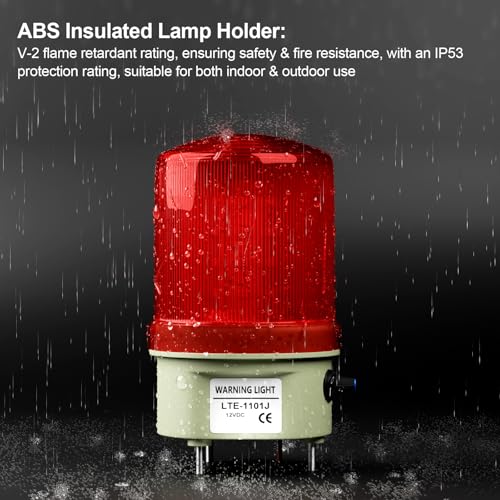 Image of Industrial LED Rotating Strobe Warning Light, 12 VDC Sound & Light Alarm with Knob and Switch, 105-110 dB Volume Adjustable, Red Emergency Alarm Light for Indoor /Outdoor Use
