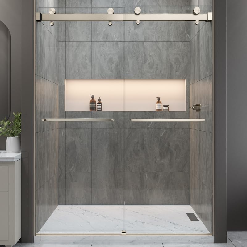 Twinglide VITRA-200 Frameless Shower Door 56.5-59" Width x 78" Height with 3/8" (10mm) Clear Tempered Glass (Brushed Nickel Double Towel Bars)