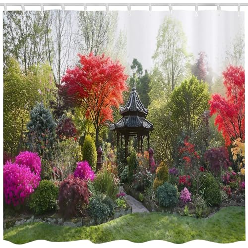 Qucarder Cortina de ducha 3D con vistas al jardín, flores y árboles, cortina de baño impermeable para decoración de baño con 12 ganchos, 72 x 72 pulgadas