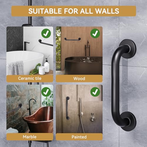 Image of AmazerBath Shower Grab Bars for Seniors Anti Slip, Bath Safety Grab Bar for Needy, Stainless Steel Bathroom Safety Grab Bars, Thickened Bar Bigger Base Holds 500LBS, 12 inch L x 1.25 inch D, Black