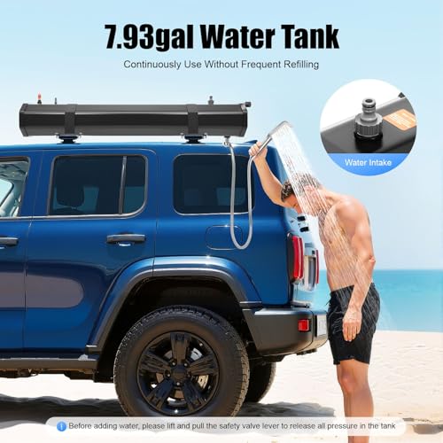 Tanque de agua portátil para camping, ducha de agua para rack de techo con bolsa de almacenamiento y manguera de 5.58 pies, suministro de agua para exteriores para SUVs, sedanes, RVs y camiones miniatura 6