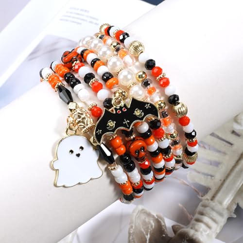Halloween Bracelets for Women Boo Pumpkin Skull Ghosts Stretchy Beaded Bracelets Spooky Skeleton Bat Cat Stackable Bracelet Christmas Bracelet Jewelry2