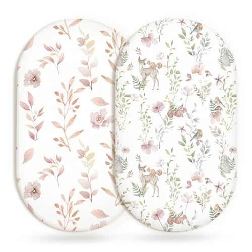 Image of Bassinet Sheets for Baby Girls Boys 2 Pack, Fitted Baby Mattress Sheet for Rectangle, Oval, Hourglass Bassinet Mattress, Breathable Cozy & Universal Fit (Floral Fawn, Bassinet Sheet)