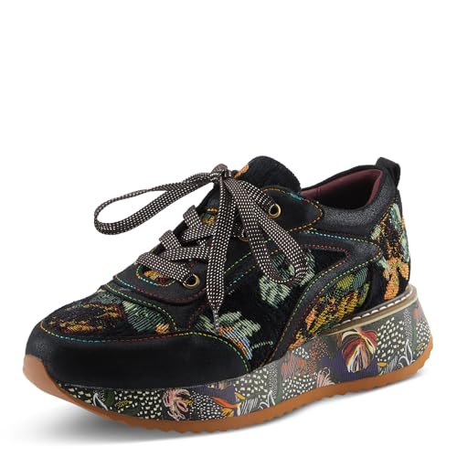 L'Artiste INVIDIA Women's Platform Sneaker – Metallic Leather & Tapestry Lace-Up with Rainbow Stitching