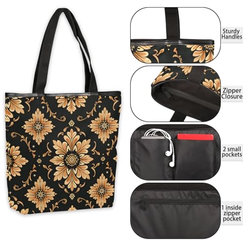 Vintage Floral Graphics Canvas Tote Bag Portable Shopping Bags Reusable Shoulder Tote Bag with Zipper for Travel Shopping Campaign Gym4