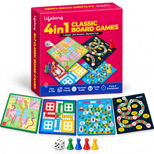 Image of Lifelong 4-in-1 Classic Board Games Set | Ludo, Snakes & Ladders, Money Game & Drive Your Car | Indoor Educational Board Game Set with Dice & Pawns | Fun Games for Boys, Girls & Adults