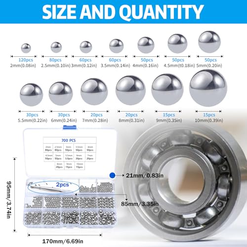 700 Stück Stahlkugeln, 13 Größen M2-M10 Edelstahlkugeln Präzision Metallkugeln Kugellager Kugeln für Fahrrad Rollen Förderer Skates Rad Hardware-Werkzeuge Ersatzteile