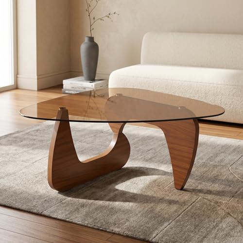Image of 35.8 inch Glass Coffee Table, Modern Coffee Tables for Living Room, Organic Round Coffee Table with Smoked Tempered Glass Top and Walnut Finish Wood Base, Small Center Table, Mesa de Centro para Sala