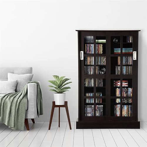 Atlantic Windowpane Media Storage Cabinet With Tempered Glass Pane Styled Sliding Doors, Holds Cd, Dvd Or Blu-Ray Media, Collectables Or Memorabilia, Pn 94835721 In Espresso #TOP6