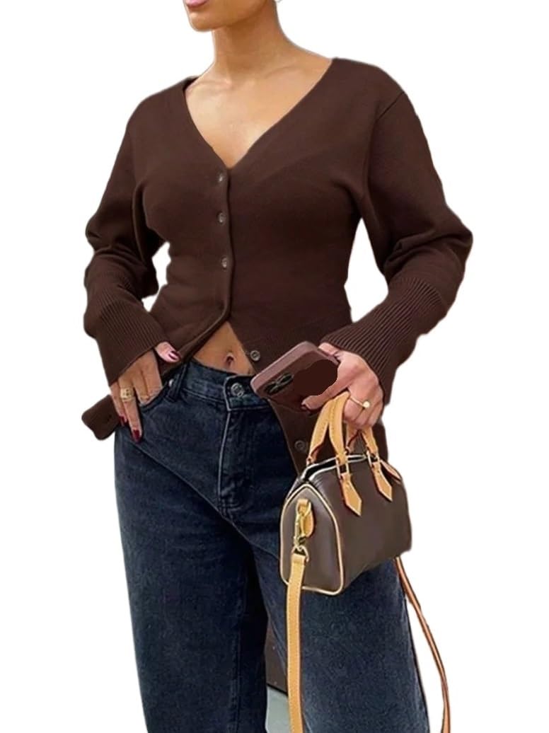Fall Long Sleeve Cardigans Tops for Women Sexy Elegant Deep V-Neck Solid Knitted Cardigan Sweater Jacket Top
