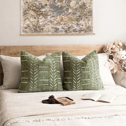 Image of Foindtower Set of 2 Decorative Chenille Jacquard Throw Pillow Covers Textured Farmhouse Vintage Cushion Cover Neutral Boho Accent Home Decor For Sofa Chair Couch Bed Living Room,18x18 Inch,Olive Green