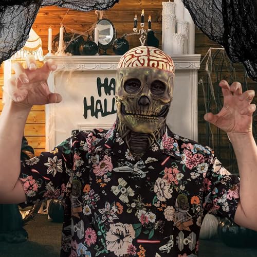 Littlevolesherry Halloween Skull Mask Scary Full Head Latex Skeleton Mask Moving Jaw,Creepy Biochemical Bare Brain Mask Halloween Decorations thumb #5