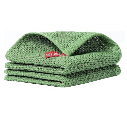 Image of Cotton Kitchen Dish Cloths, 2 Pack Super Absorbent and Lint Free Waffle Weave Dish Towels, Fast Drying Dish Rags for Washing Dishes, 13.4 X 13.4 Inch, Black (Green, Pack of 2)