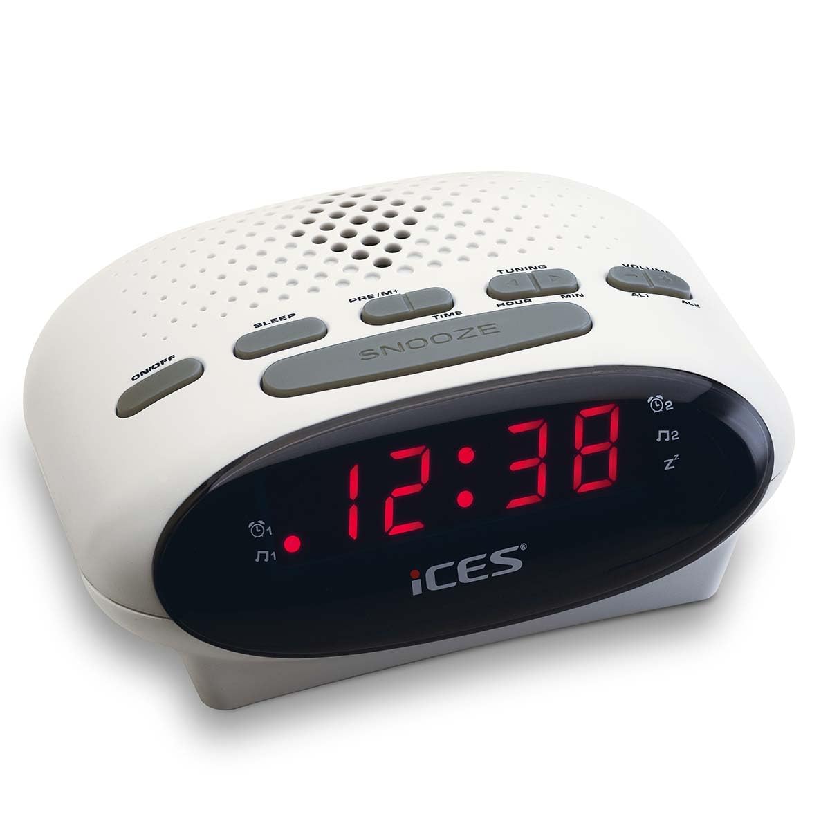 iCES ICR-210 WHITE - Uhrenradio - Radiowecker mit Stromkabel - 2 Weckzeiten | ICR-210 - PLL FM - Schlummerfunktion - Sleeptimer - Gangreserve - kompakt - weiß