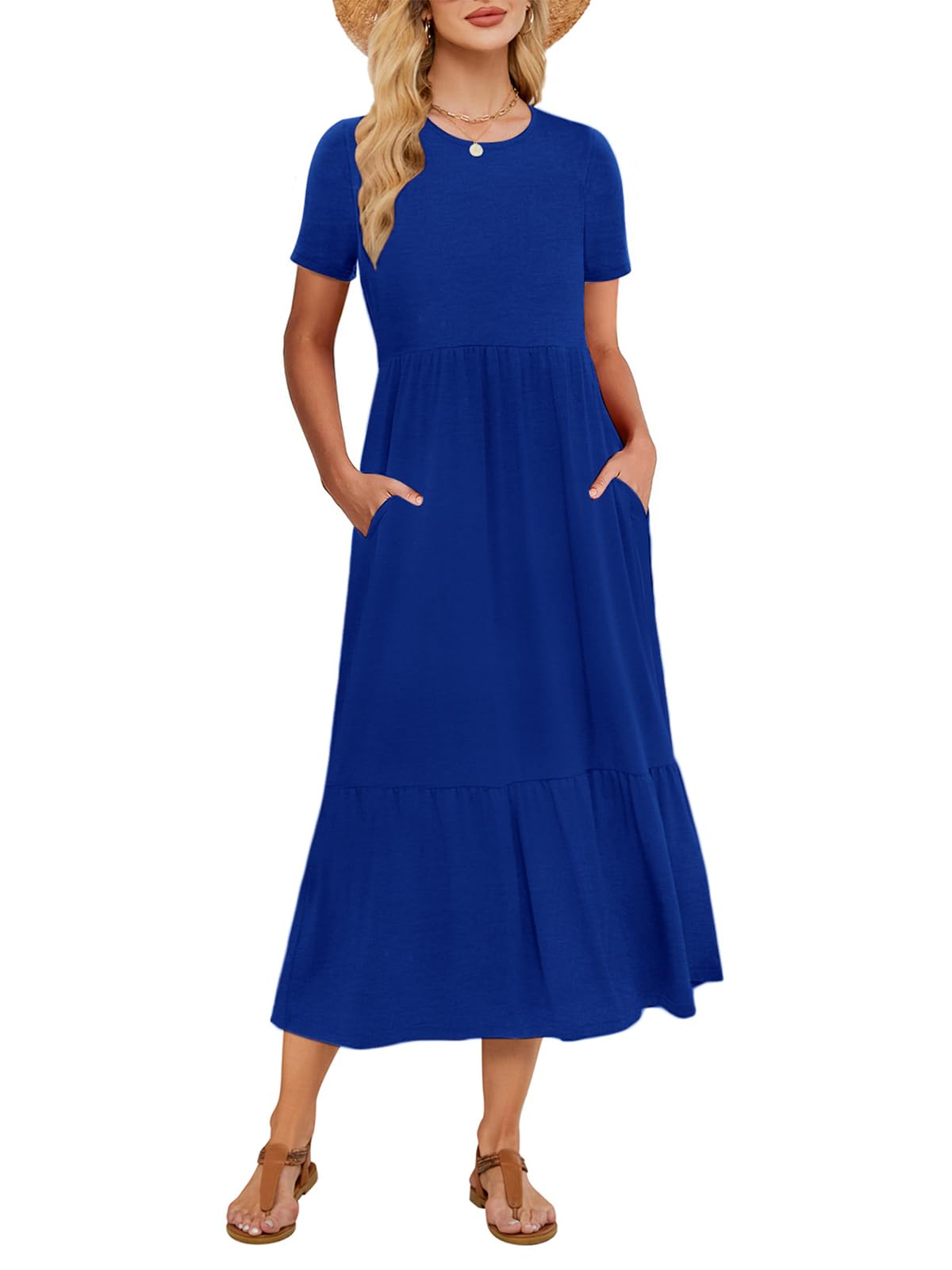 Gracyoga Women's Summer Maxi Dress 2025 Casual Short Sleeve Crewneck Flowy Swing Tiered Long Beach Dresses with Pockets