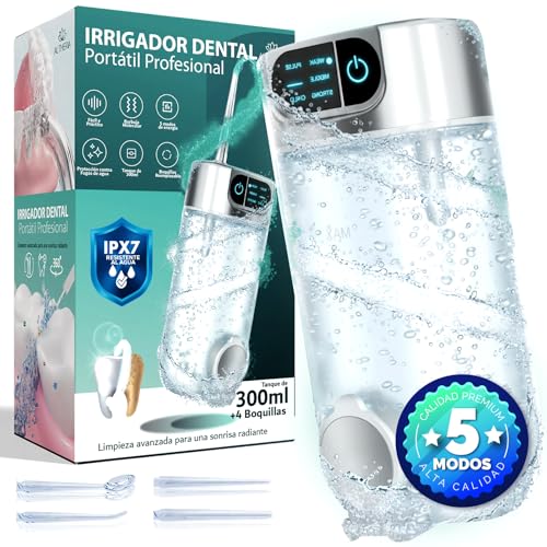 ALTHERIA® | ULTRA Irrigador Dental 5 MODOS con 4 Boquillas EXTRAS | Irrigador Bucal Portatil con 310ml de Capacidad | Recargable por USB | IPX7 Sumergible | Sustituye el Hilo Dental.