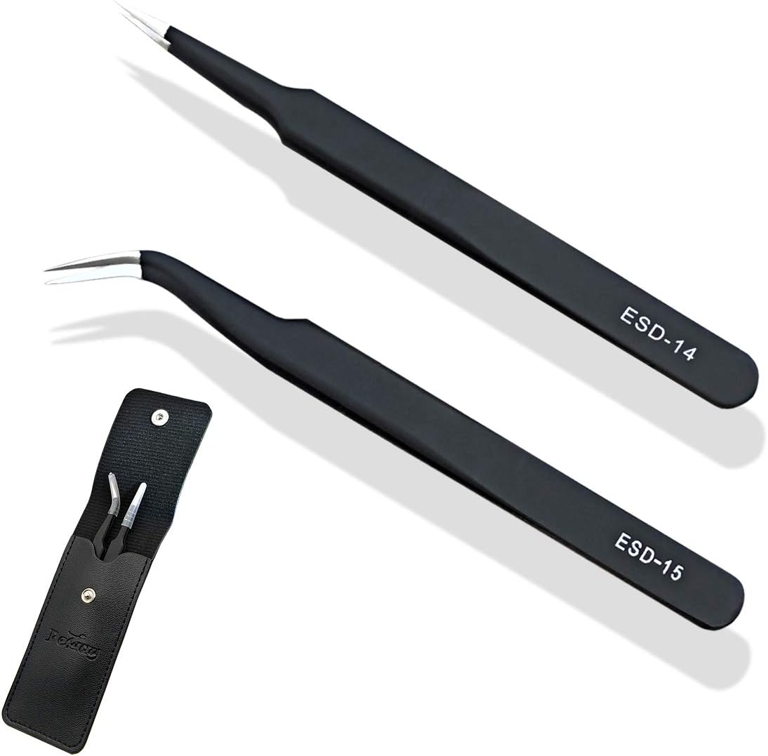 ESD Anti static Precision Electronics Tweezers tools Kit, Non Magnetic Multi-standard Stainless Steel Tweezer Set for Electronics Jewelry-making Repairing and cell phone repair,2pack (ESD-14&15)