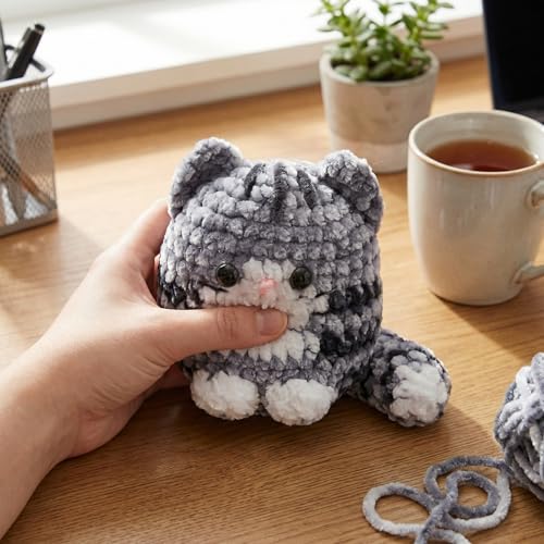 Image of HOUSE CREATIVITY Chenille Crochet Kit for Beginners, Make 2 Ultra-Soft Cat Plushies, Amigurumi Crochet Starter Kit with Video Tutorial, Plush DIY Craft Kit with Chenille Yarn, Hook, Eyes & Stuffing