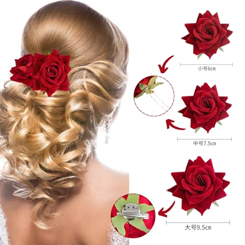 Set de 4 broches de pelo flor rosa roja miniatura 3