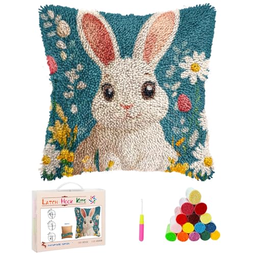 Image of Latch Hook Pillow Kits Cartoon Easter Rabbit in Flowers Stamped Pillowcase Handamade Crochet Yarn Hook and Latch Emboridery Throw Pillow Cover for Home Sofa Decor 43x43cm(3)