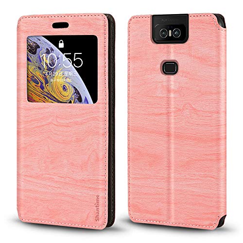 Shantime Sichtfenster-Lederhülle Kompatibel mit Asus Zenfone 6 2019, Elegantes Design mit Klarsichtanzeige, Unsichtbarem Magnetverschluss & Kartenfach(Rosa)