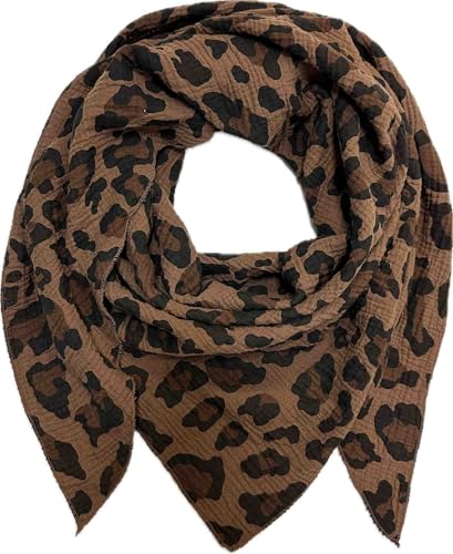 XL DreieckStrickschal Leopard Frühling Schal 100% Baumwolle Made in Italy Fashion Tuch Dreieckschal Stola Herbst Frühling Tuch Leo (Chocolate)