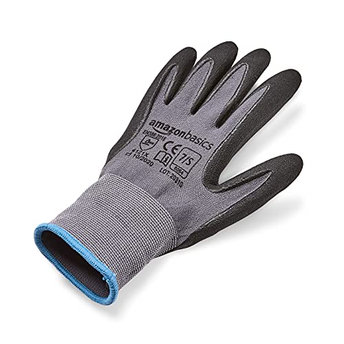 Image of Amazon Basics Micro-Foam Nitrile Coated Safety Work Gloves, Nylon Liner Fiber, Touch Screen Compatible, Grey, Size 7 (S), 6-Pack