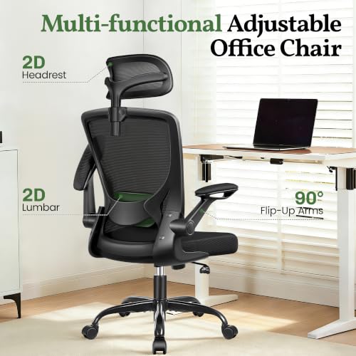 Image of Ergonomic Office Chair, High Back Desk Chair with Adjustable Lumbar Support | Breathable Mesh Office Chair for Prolonged Sitting, Computer Chairs Comfy for Long Workdays, Flip Up Arms, Home, Black