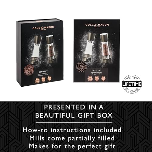 Cole & Mason Derwent Black Wood Salt and Pepper Mills, Gourmet Precision+, Adjustable Grind, Stained Beech/Acrylic, 190 mm, Gift Set, Includes 2 x Salt and Pepper Grinders