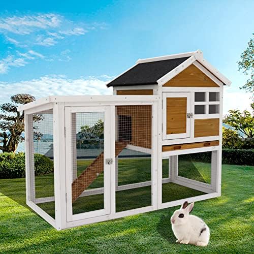 HHOK Wooden Chicken Coop, Rabbit Hutch with Wheels Wood Rabbit Cage, Waterproof Small Rabbit Cage, House Pet Cage for Small to Medium Animals, 2 Story Guinea Pig Hamster Hutch Rabbit House