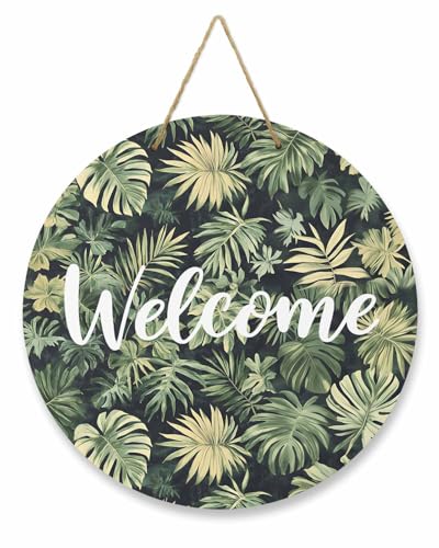 Summer Tropical Plant Welcome Sign for Front Door Green Leaves Round Wooden Wreath Door Hanger Porch Decoration Wall Hanging Decor for Home Beach Restaurant Shop, 10 Inch