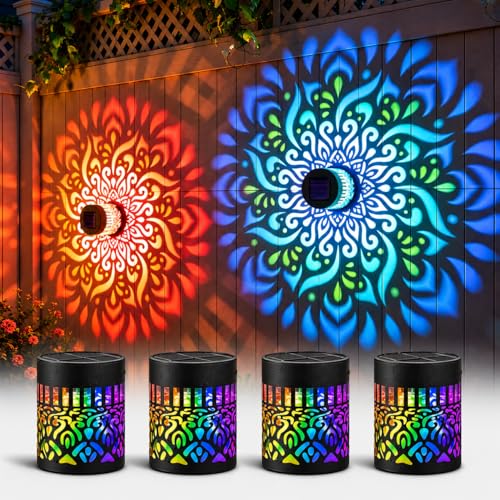 Solar Mandala Lights Outdoor Wall 2027 New Seven-Color Changing Solar Mandala Projector Light Outdoor Waterproof Metal Fence Lights for Garden Post Patio Backyard Yard Decor (4PCS)