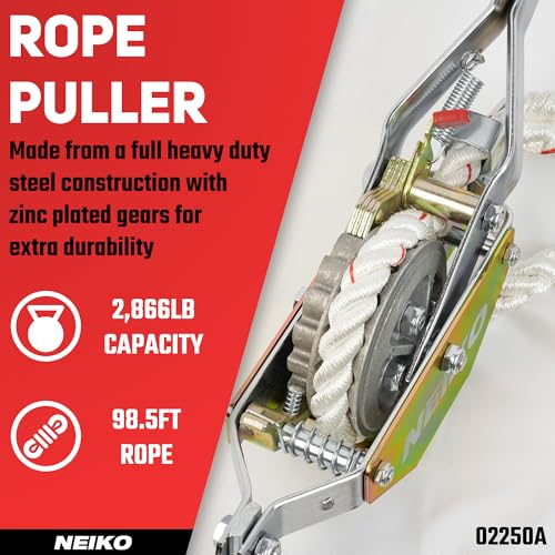 Image of NEIKO 02250A Rope Puller, 3 /4-Ton (1,500 lbs) Pulling Capacity, 98Ft, 2 Hook, Heavy Duty Power Cable Come Along Tool with Dual Gears, Hand Winch Cable, Automotive Hoist Winch Puller, Recovery Gear