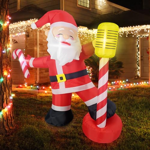 Trrisaun 6FT Christmas Inflatables Santa Decorations, Blow Up Santa Claus with Microphone, Outdoor Christmas Decorations with RGB Light for Garden Lawn Yard Party